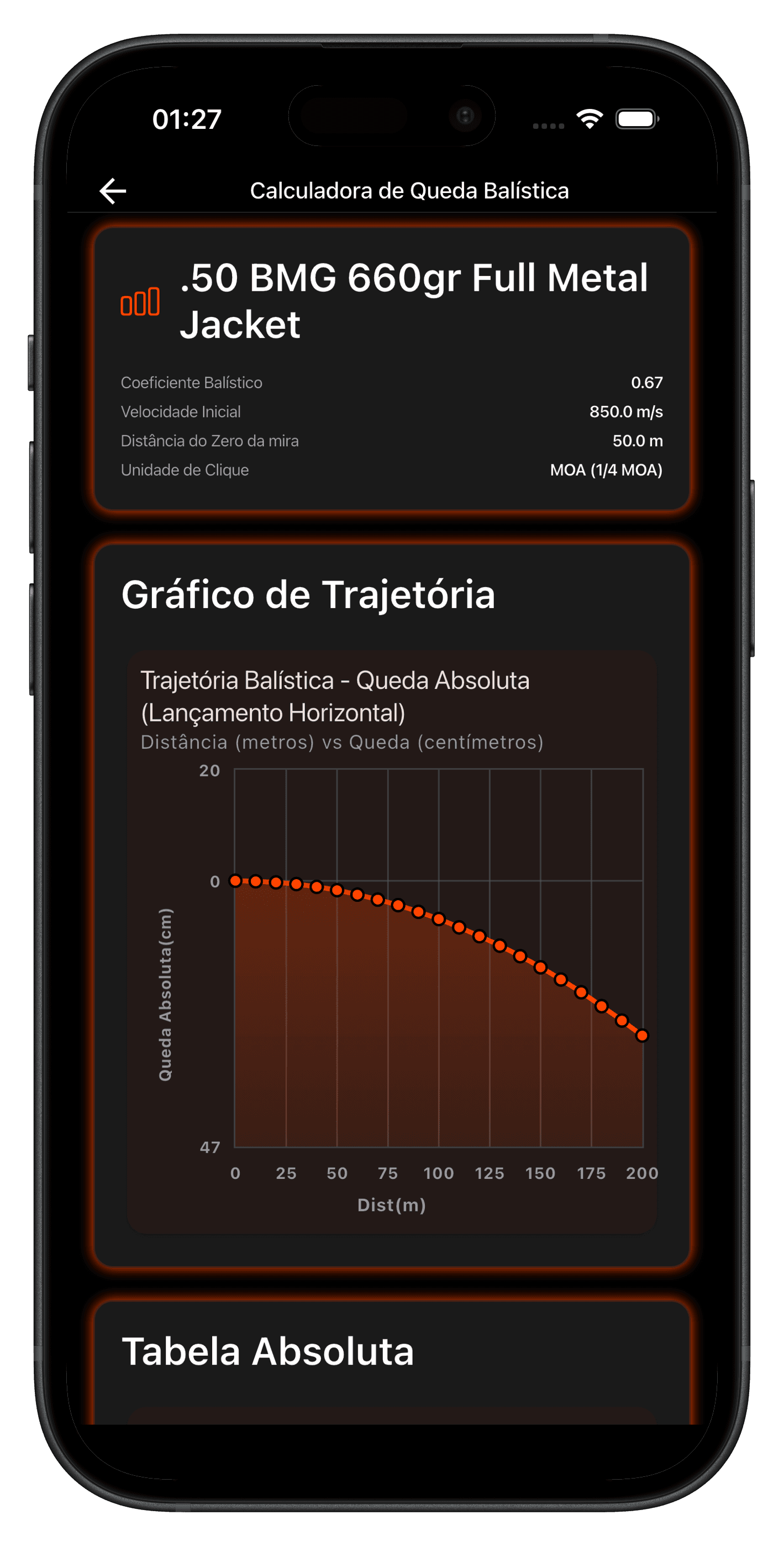 Tela da Calculadora de Queda Balística no app SC Ballistics