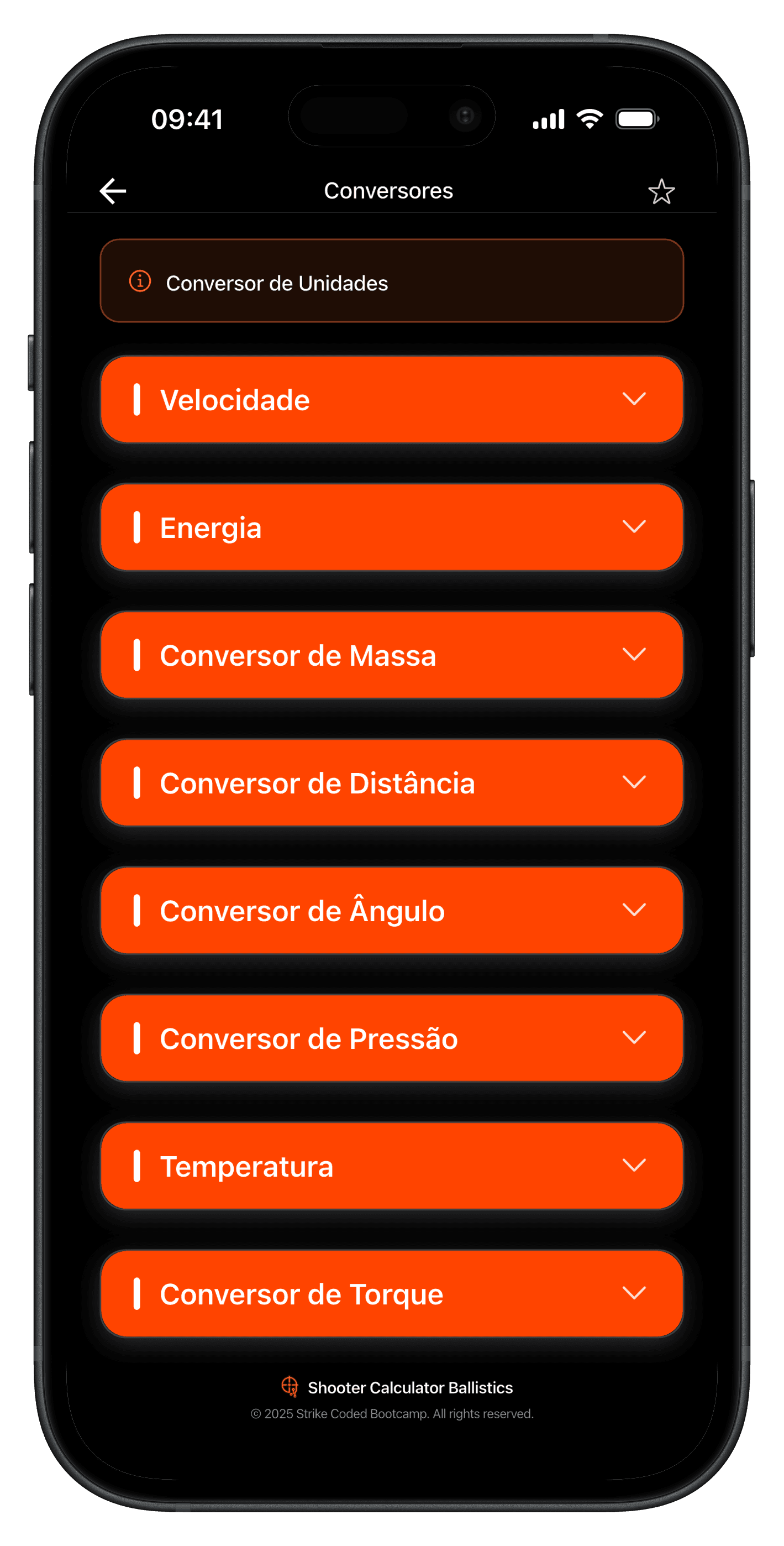 Tela dos Conversores Balísticos no app SC Ballistics