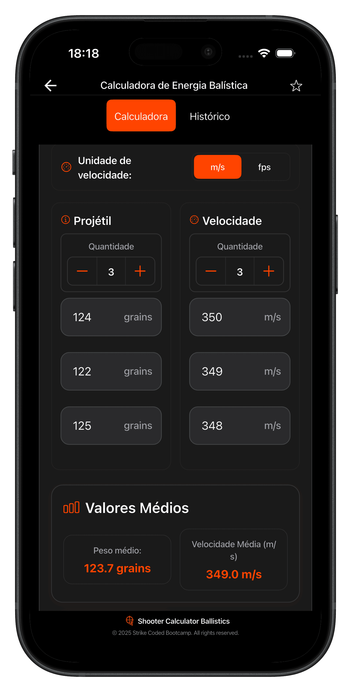 Tela da Calculadora de Energia Balística no app SC Ballistics