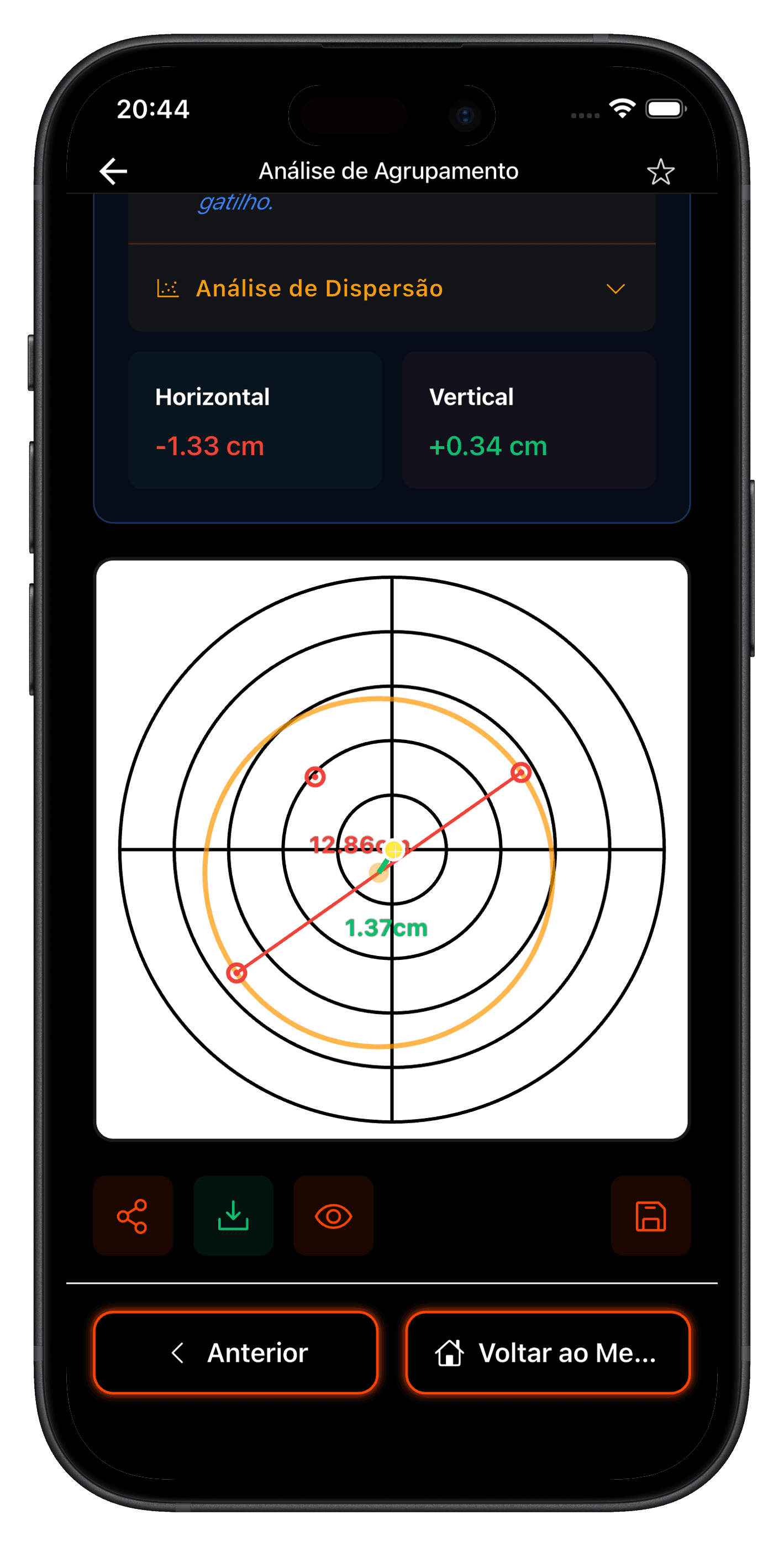 Tela de Análise de Agrupamento de Tiros no app SC Ballistics