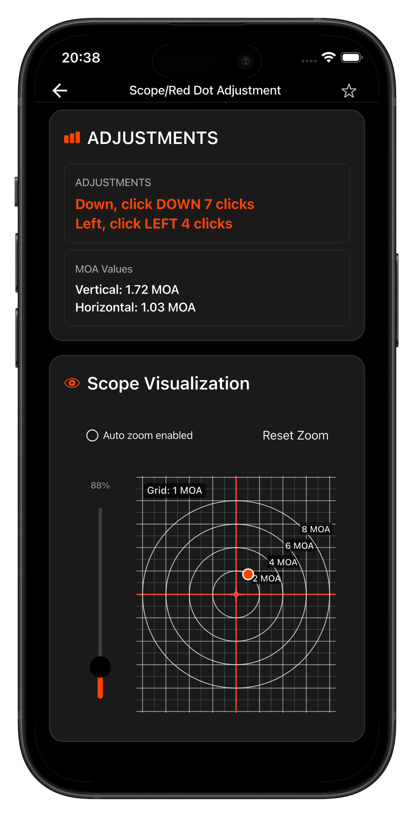 Tela de Calibração de Luneta no app SC Ballistics