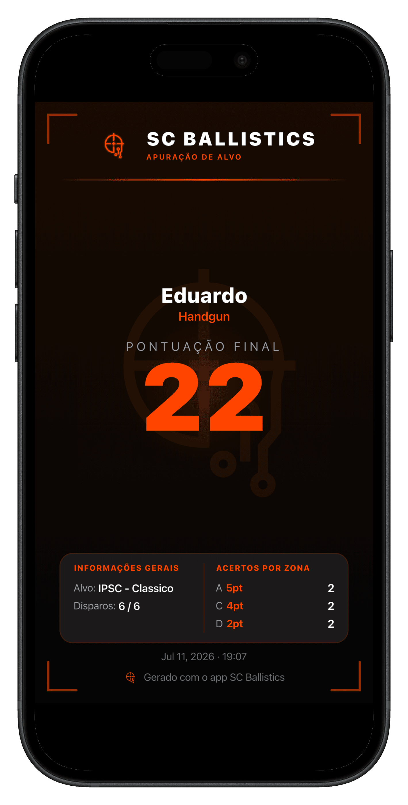 Tela da Calculadora de Pontuação de Alvo no app SC Ballistics