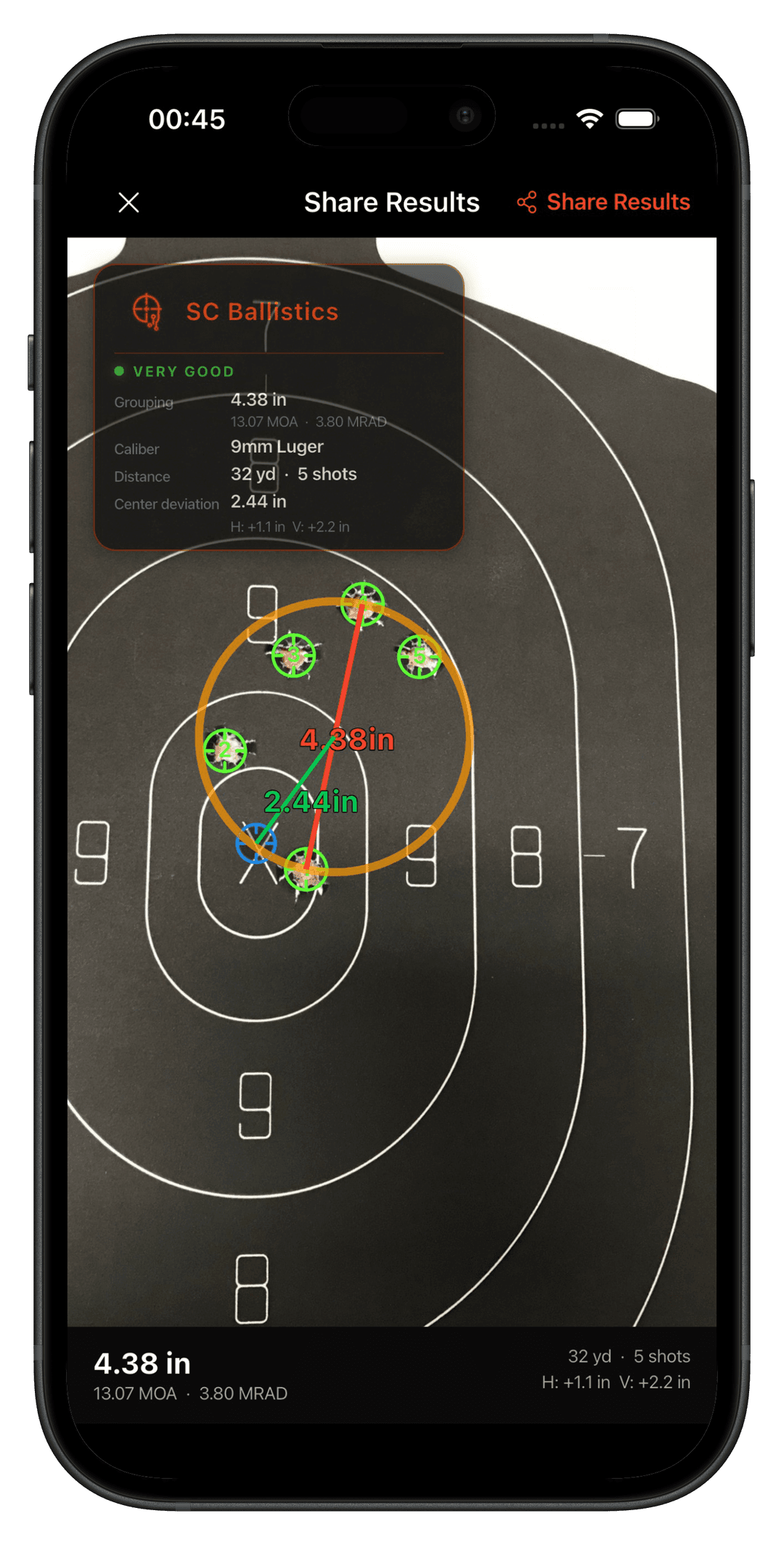 SC Ballistics — grouping analysis results with MOA and MRAD measurements SC Ballistics app screenshot displaying grouping analysis results with measured group diameter, MOA and MRAD
