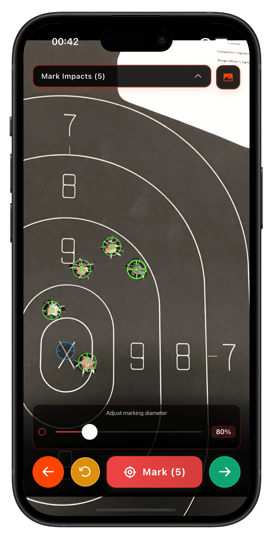 SC Ballistics — mark shot impacts for grouping analysis SC Ballistics app screenshot showing the grouping analysis impact-marking interface on a phone