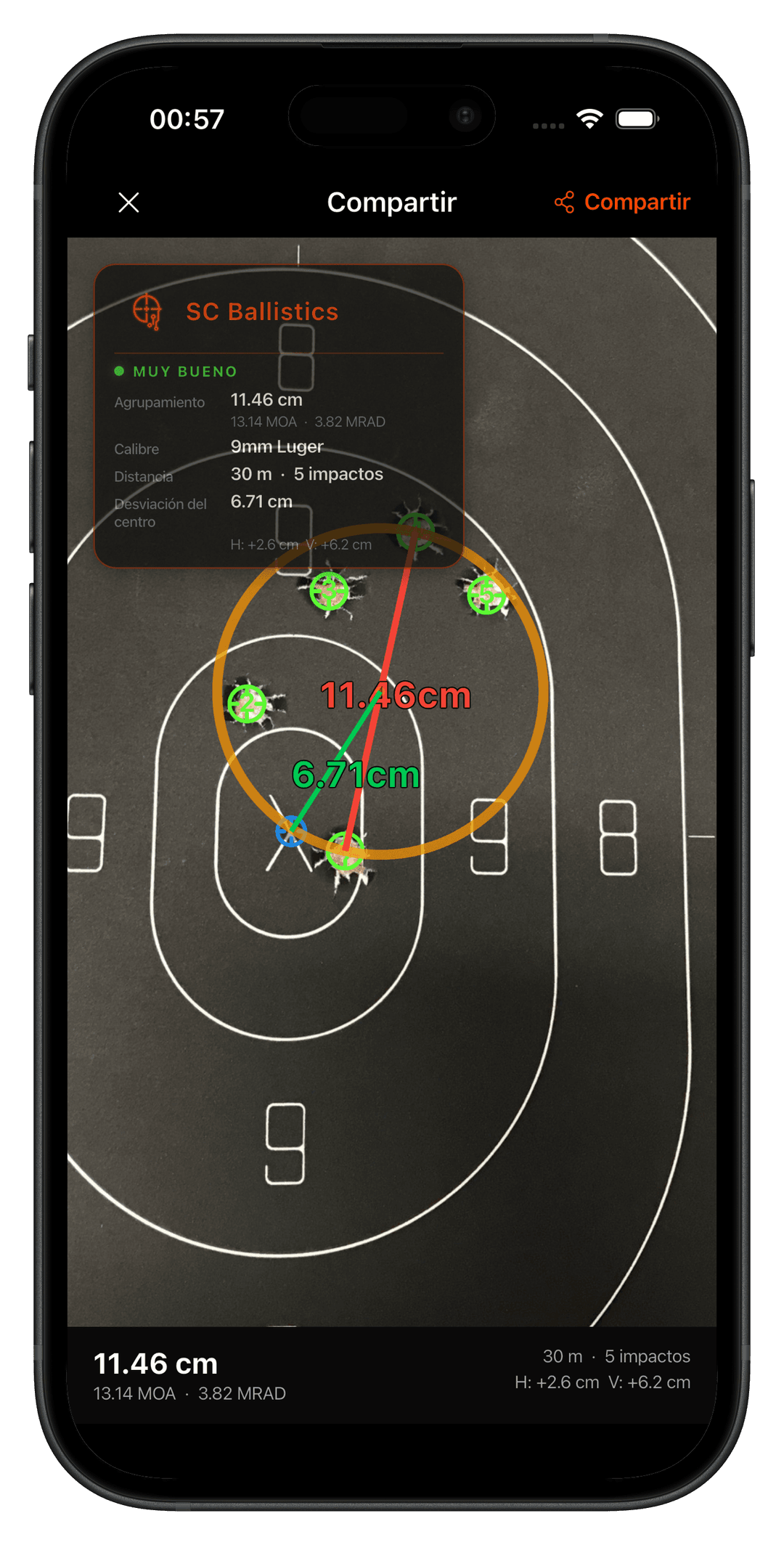 SC Ballistics — grouping analysis results with MOA and MRAD measurements SC Ballistics app screenshot displaying grouping analysis results with measured group diameter, MOA and MRAD