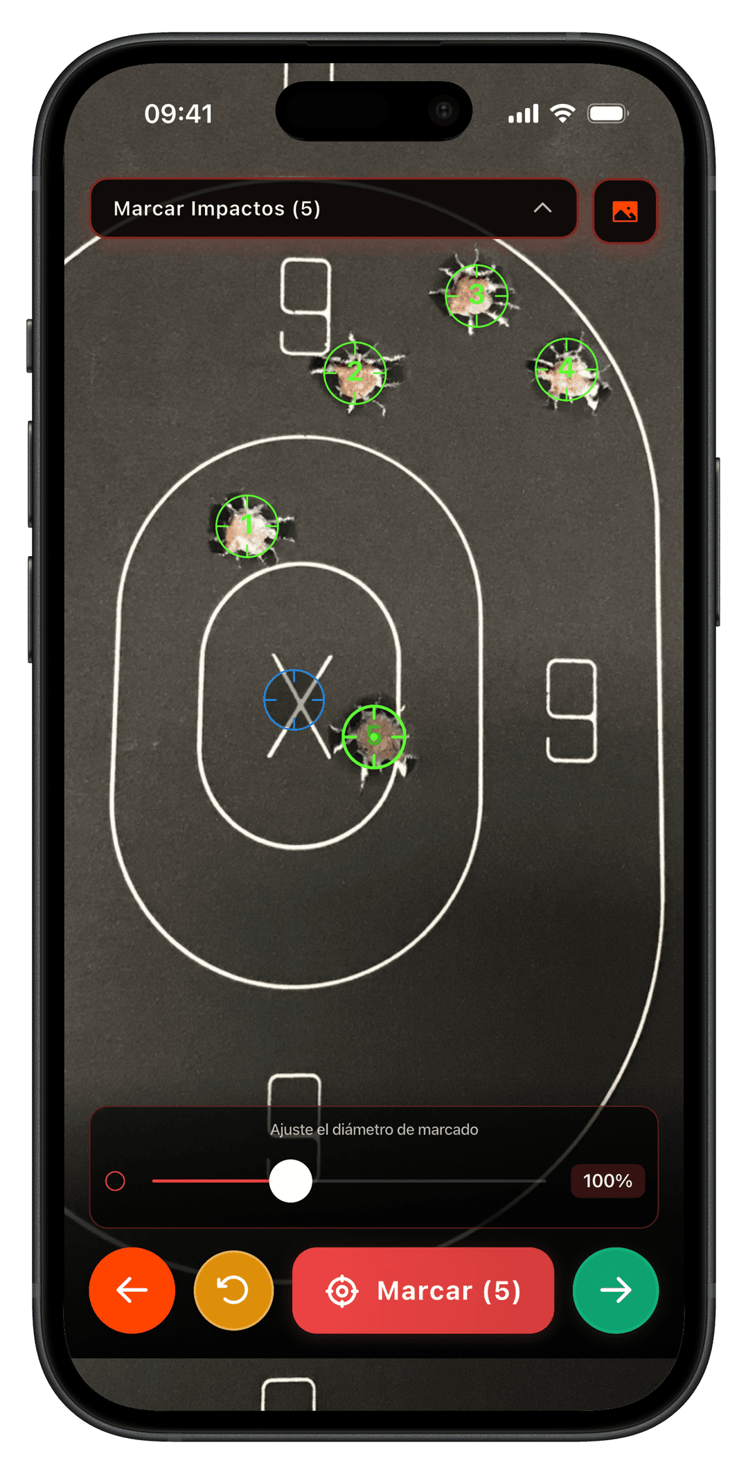 SC Ballistics — mark shot impacts for grouping analysis SC Ballistics app screenshot showing the grouping analysis impact-marking interface on a phone