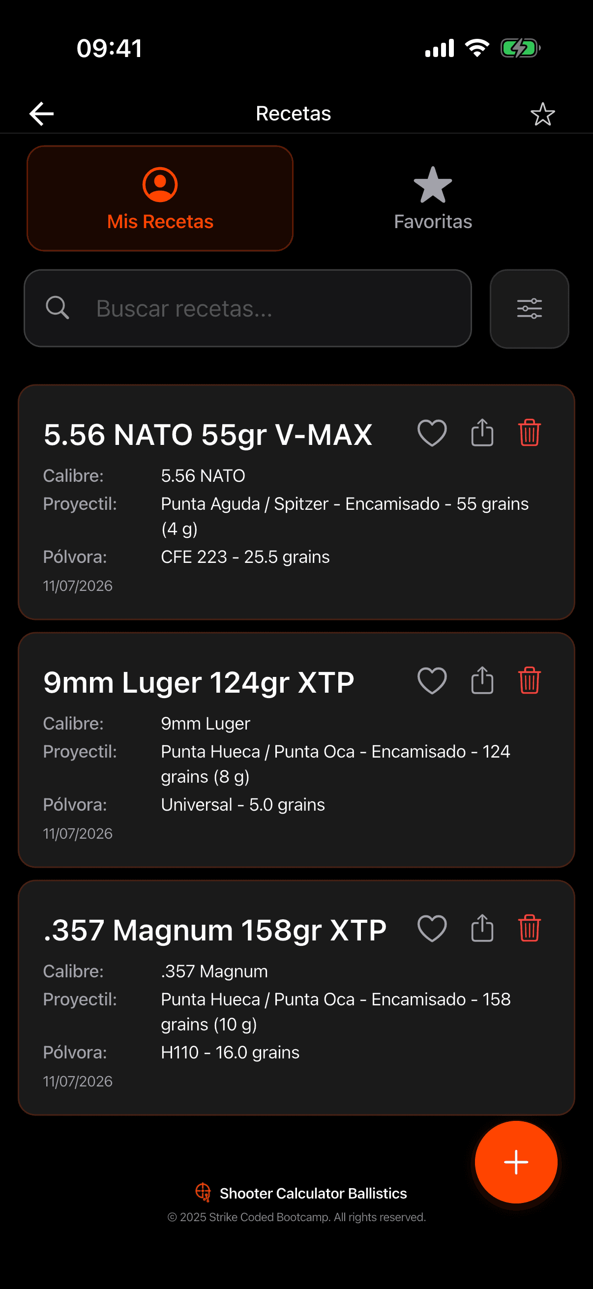 Pantalla de SC Ballistics con recetas de recarga, favoritas y opción para compartir